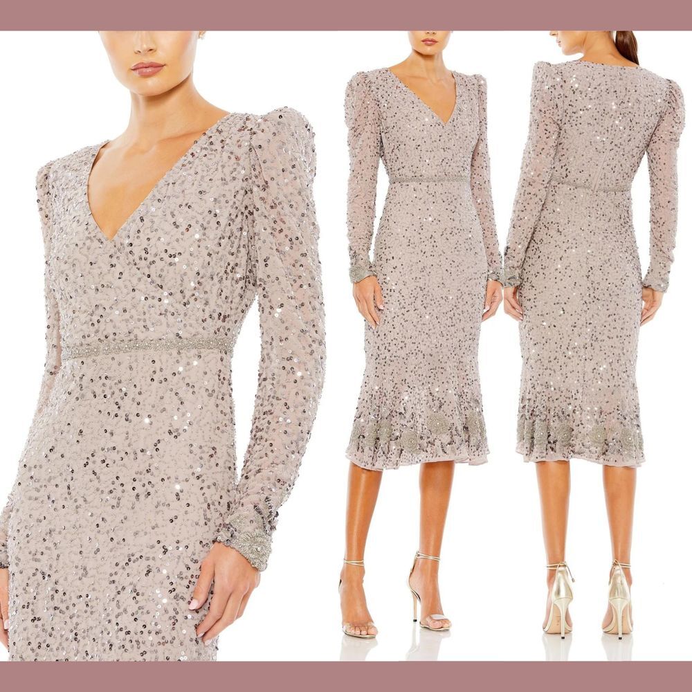 NWT $498 Mac Duggal [ 14 ] Embellished Hemline & Sequin Midi Dress Purple #G1913